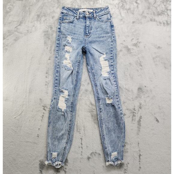 Tinseltown Jeans Womens 3 Juniors Blue Destructed High Rise Mom Jean Distressed - Picture 1 of 10